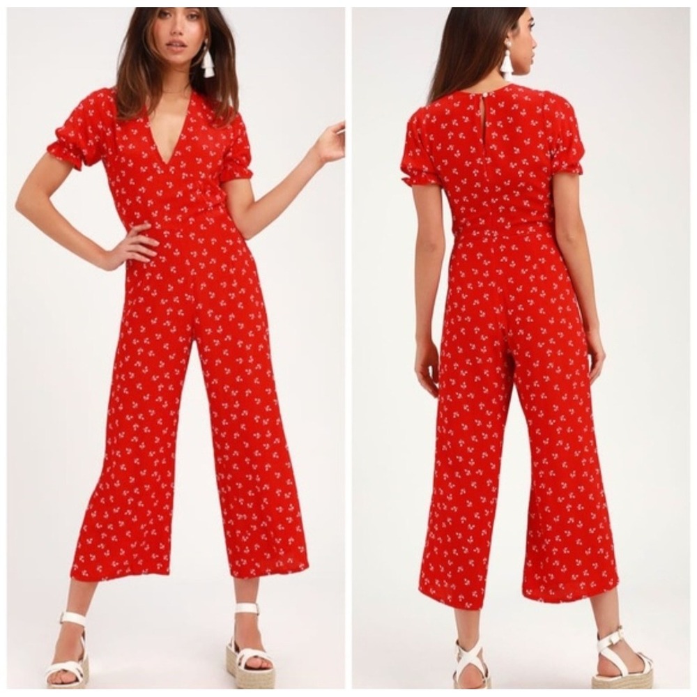 FAITHFULL THE BRAND Mallory Red Floral Print Wide Leg Cropped Jumpsuit Size 8
